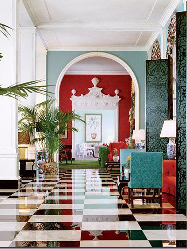 Dorothy Draper interior design, Greenbrier hotel design, American designer, colorful home decor inspiration on Kevin Francis Design