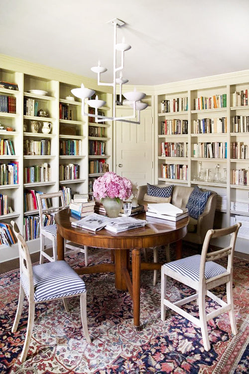 Library dining room with shelves, interior design ideas, dining room table, small home design, dining room office, bookshelf decor on Kevin Francis Design