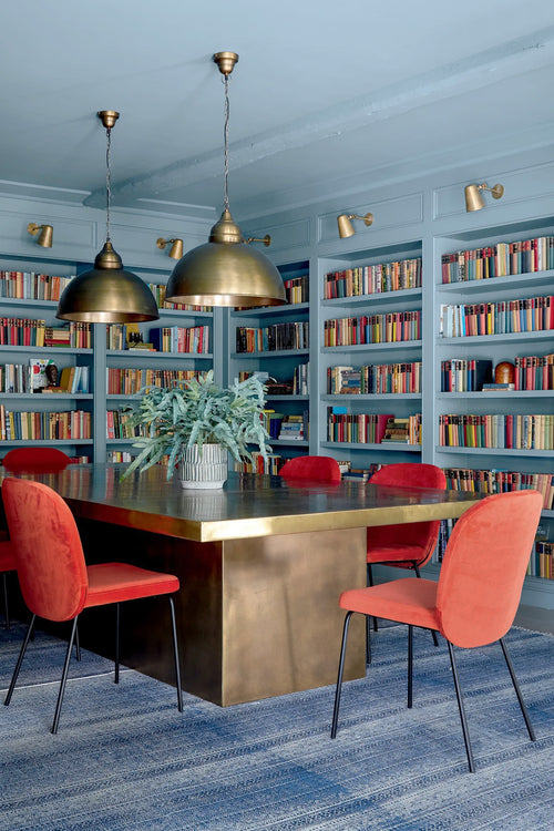 Blue library dining room with shelves, interior design ideas, dining room table, small home design, dining room office, bookshelf decor on Kevin Francis Design