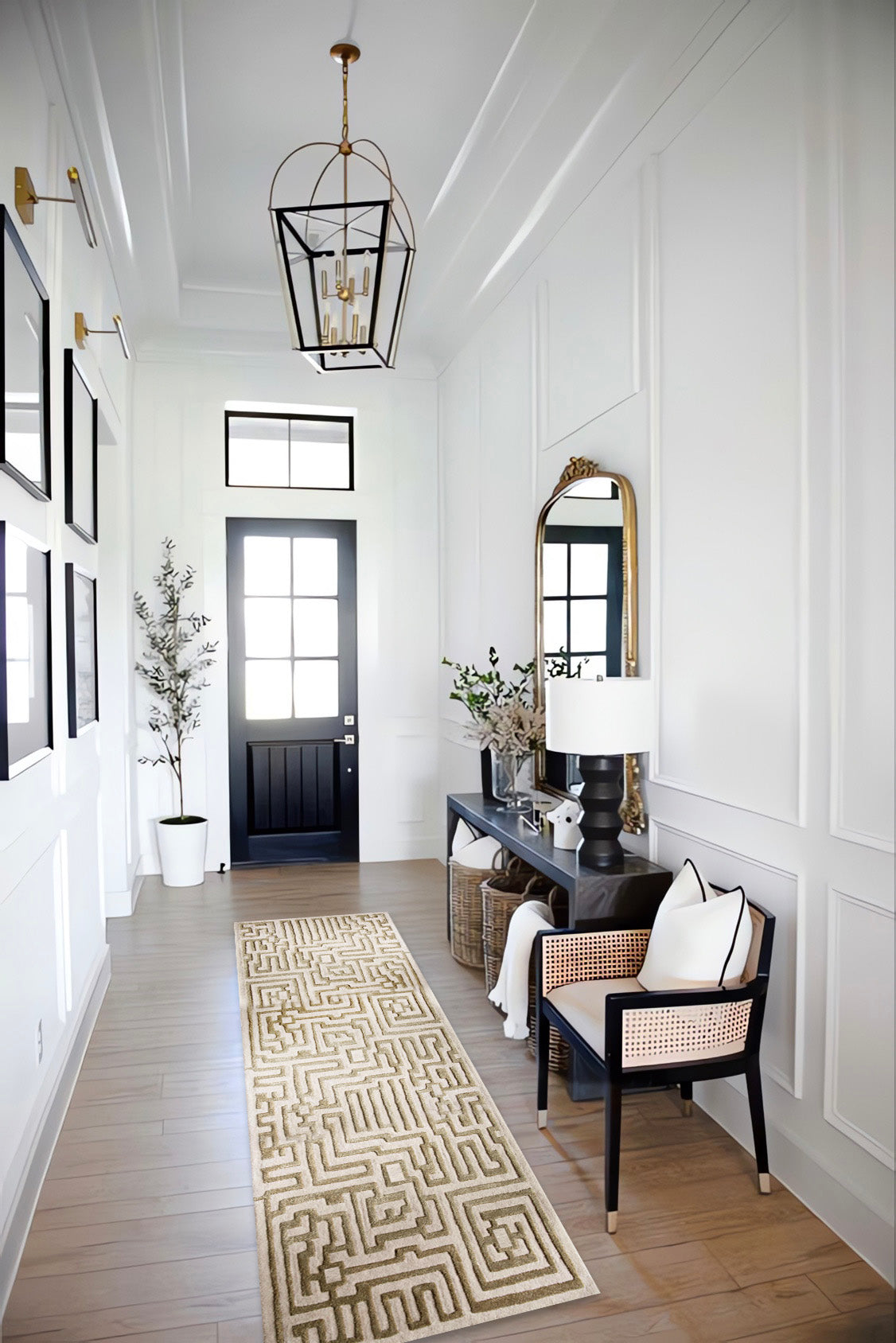Modern classic white entry hall design with modern geometric maze rug runner, hallway runner, entryway rugs