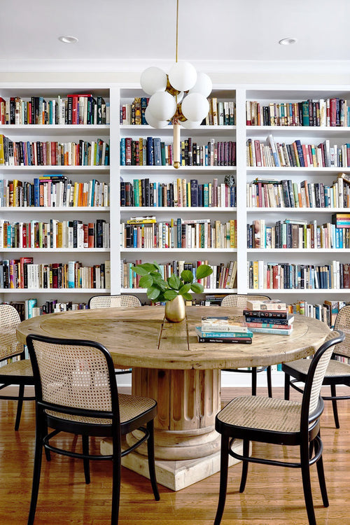 Library dining room with shelves, interior design ideas, dining room table, small home design, dining room office, bookshelf decor on Kevin Francis Design