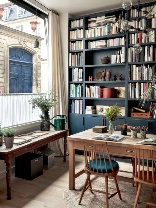 Hague Blue library dining room with shelves, interior design ideas, dining room table, small home design, dining room office, bookshelf decor on Kevin Francis Design