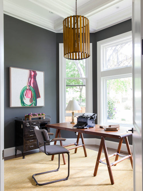 Benjamin Moore Kendall Charcoal, best gray paint colors, modern home office design, dark gray walls on Kevin Francis Design