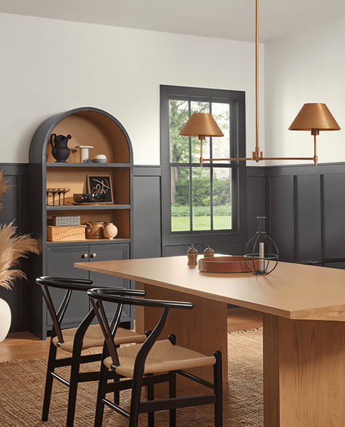 Sherwin Williams Iron Ore, best gray paint colors, modern dining room design, dark gray walls on Kevin Francis Design
