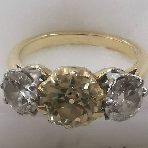 An exquisite Cartier ring, expertly crafted from 18ct yellow gold and featuring a dazzling central yellow diamond and two shimmering white diamonds, now restored to its original splendor through our expert repair services.