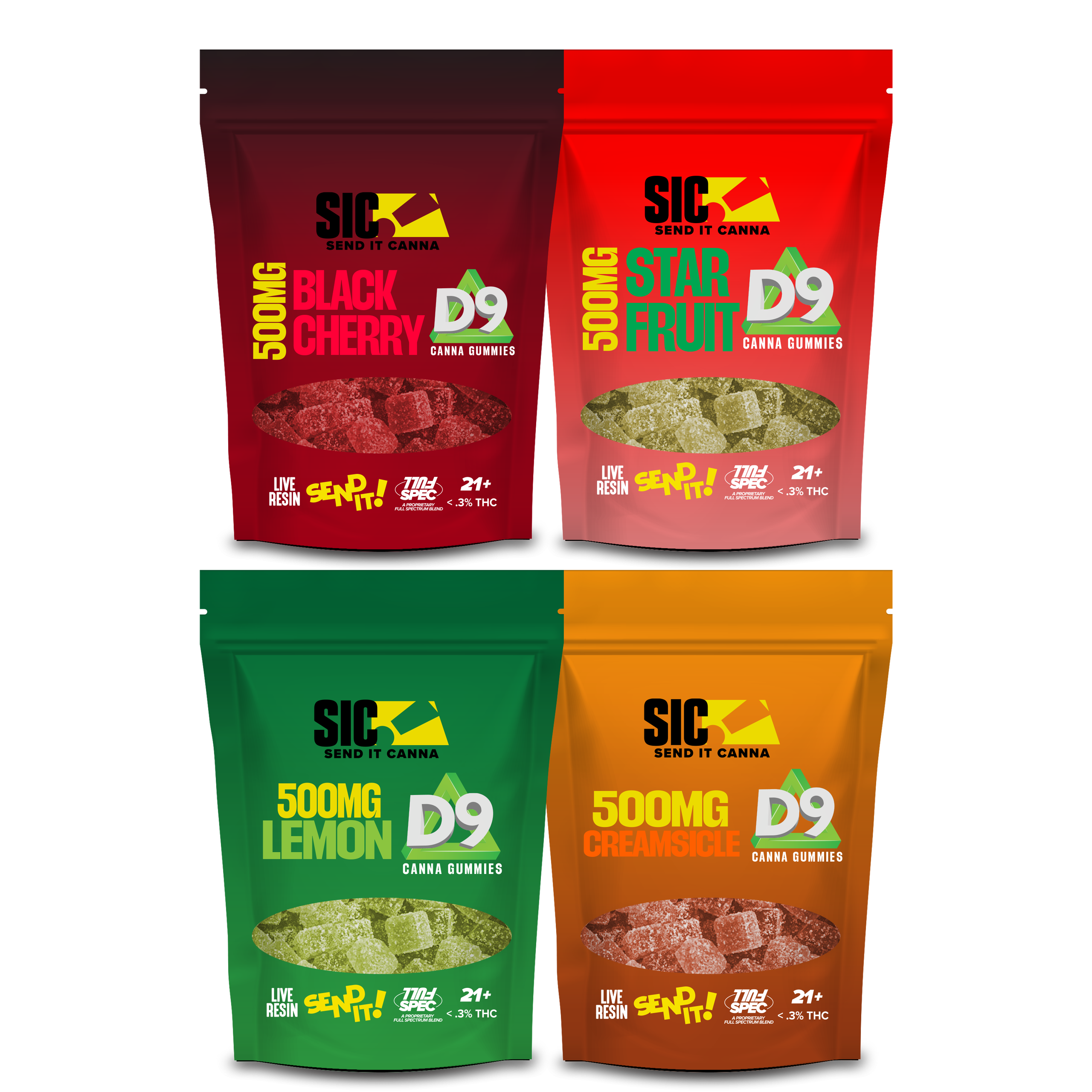Full Send It Canna D9 Gummies 500MG 15 Pcs Per Pouch | 5 Pouches Per Box