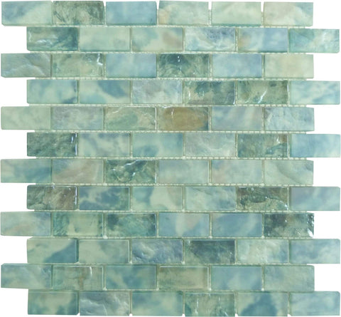 Mykonos Harbor Beach Day Aqua 1x2 Iridescent Rippled Frosted Glass Tile
