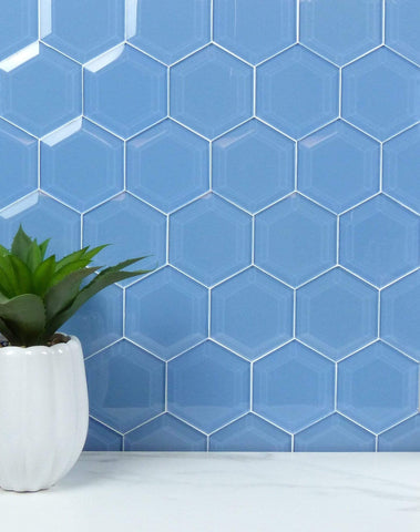 Walden Pond Blue 4x4 Beveled Hexagon Glossy Glass Tile