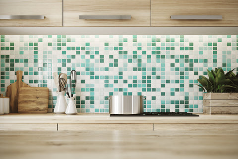 Kitchen backsplash mosaic tile in green and white tones