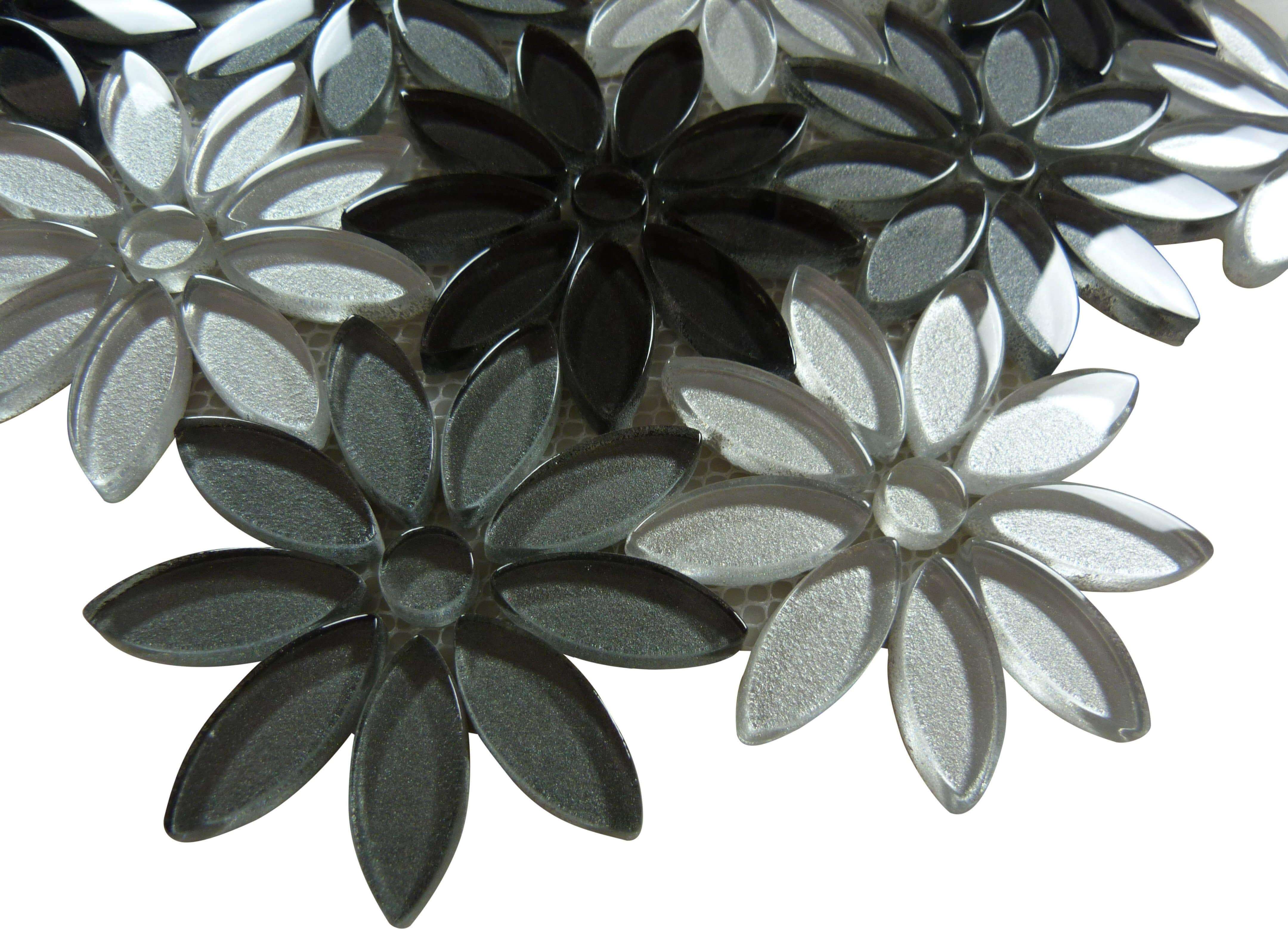 Flower Grey Glass Flower Tile Glossy BQT-671