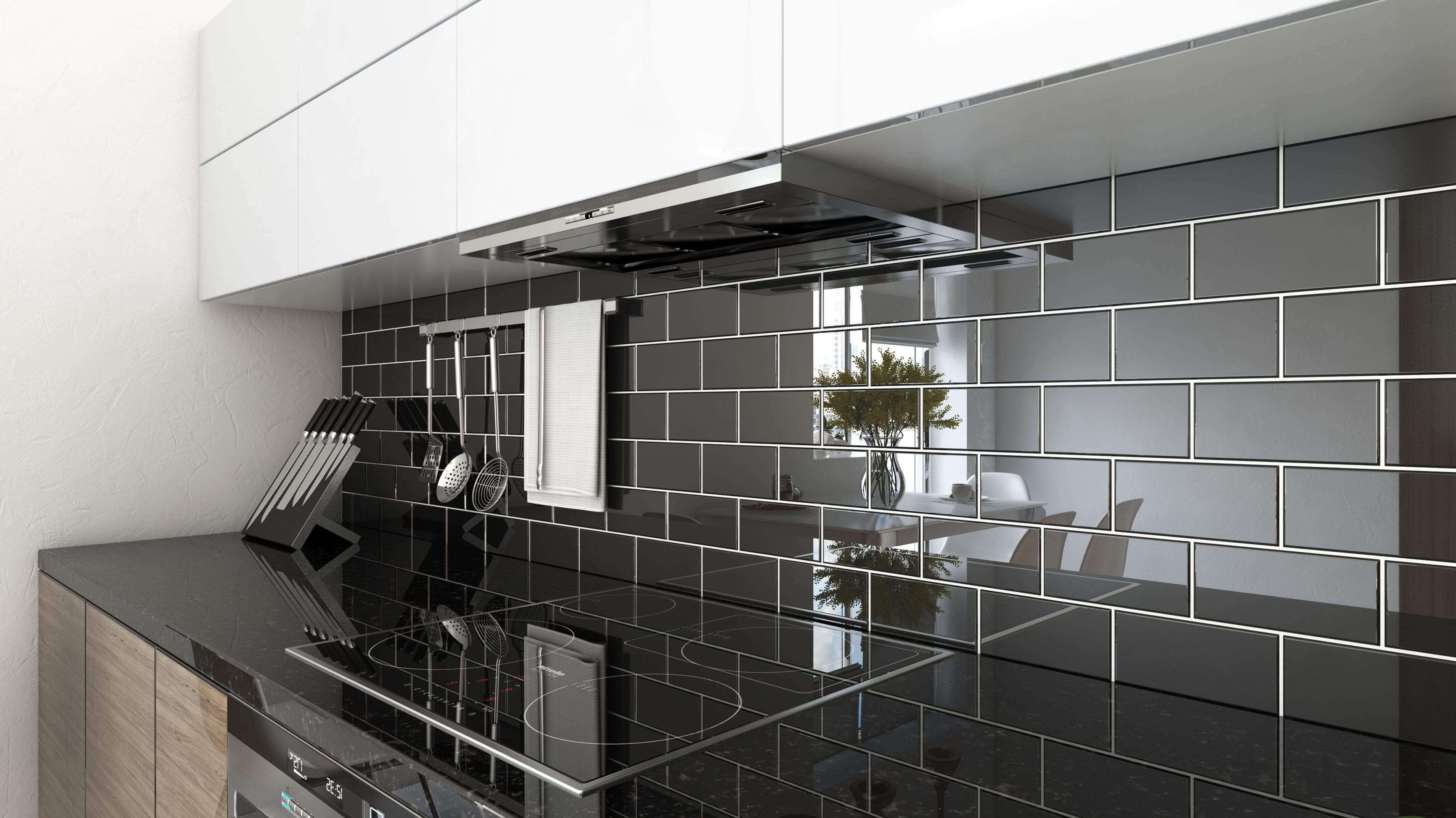 high gloss black kitchen wall tiles