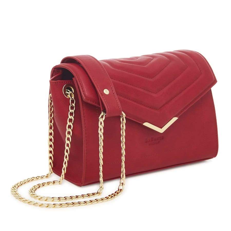 red crossbody bag with gold chain