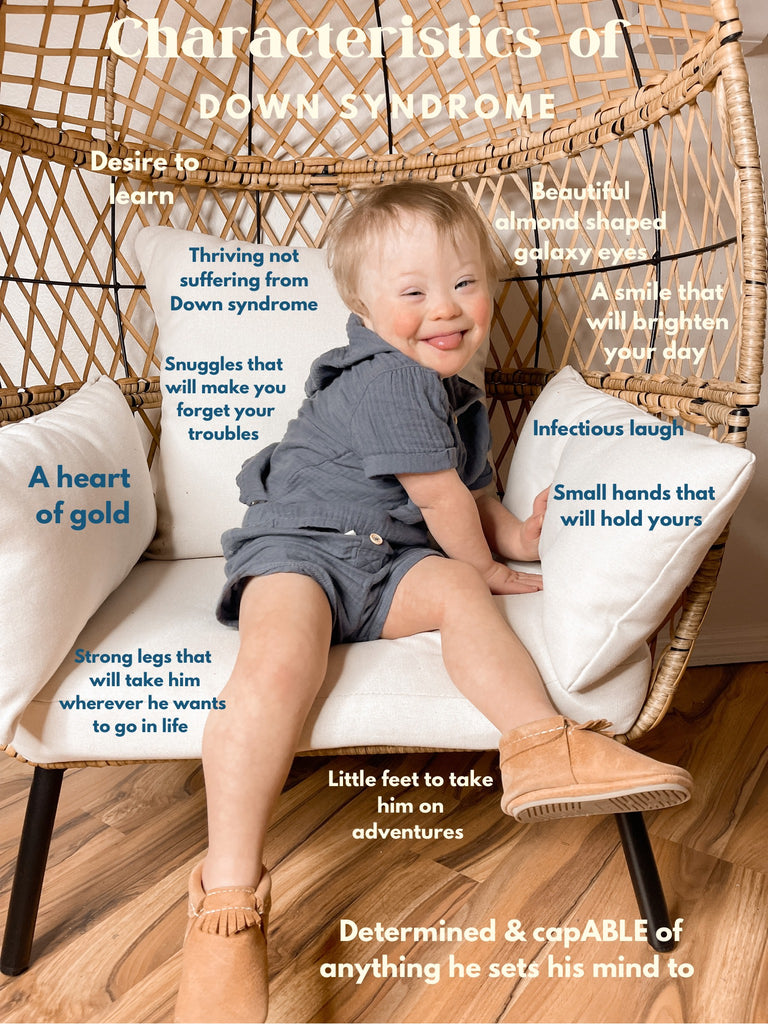 Infographic titled, "Characteristics of Down Syndrome," featuring Aspen sitting on a chair smiling