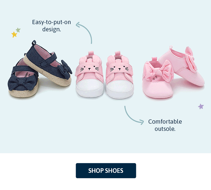 Gerber Childrenswear boy and girl shoes shown in a row