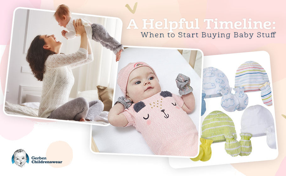 multi-image graphic of mothers and children with text reading: A Helpful Timeline: When to Start Buying Baby Stuff