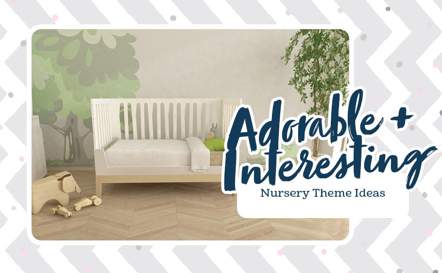 nature-themed nursery with crib and trees. text on image reads "Adorable and Interesting Nursery Theme Ideas"