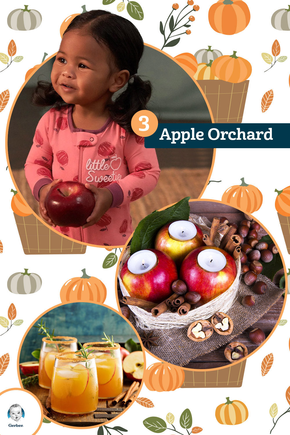 Little girl enjoying an apple orchard party with apples