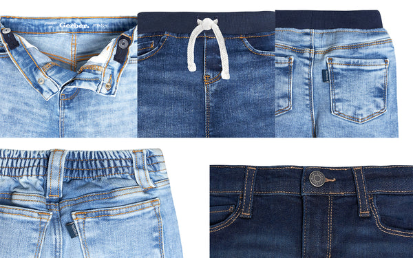 Detail shots of various blue jean and denim pant styles