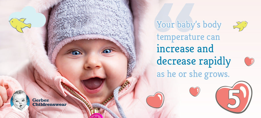baby in jacket smiling with text: "Your baby's body temperature can increase or decrease rapidly as he or she grows."
