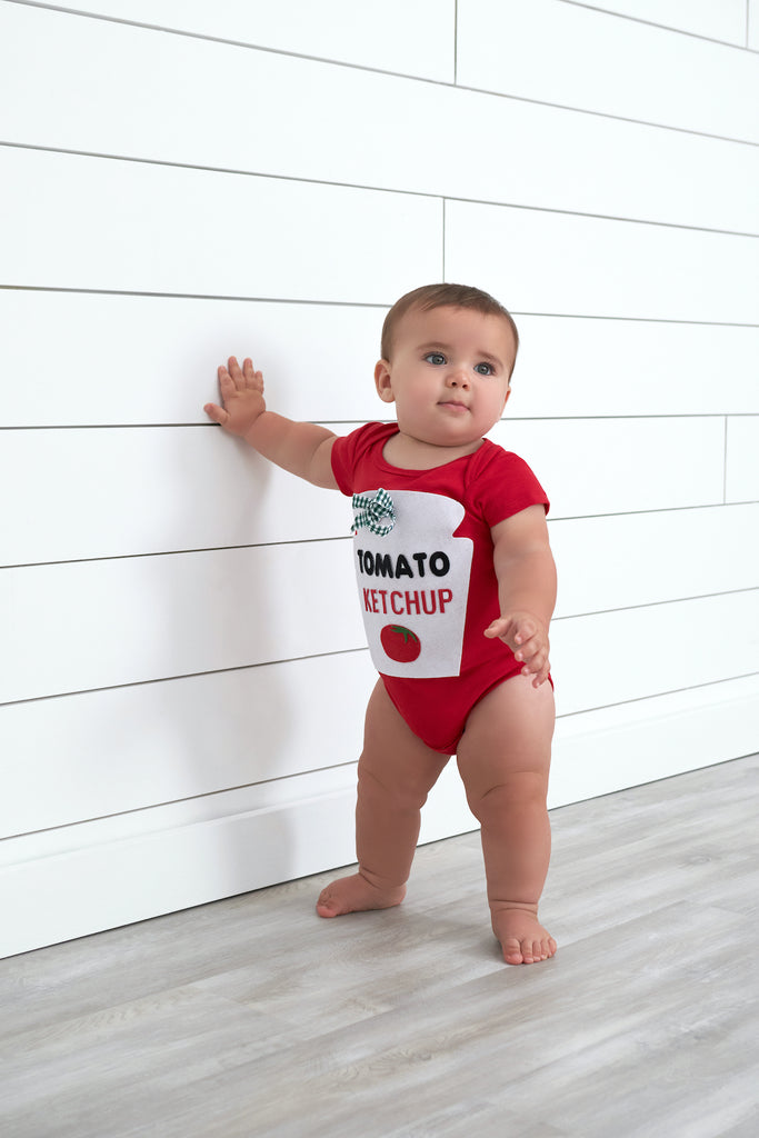 Baby Boy in DIY Ketchup Bottle Halloween Costume Using Red Onesies Bodysuit