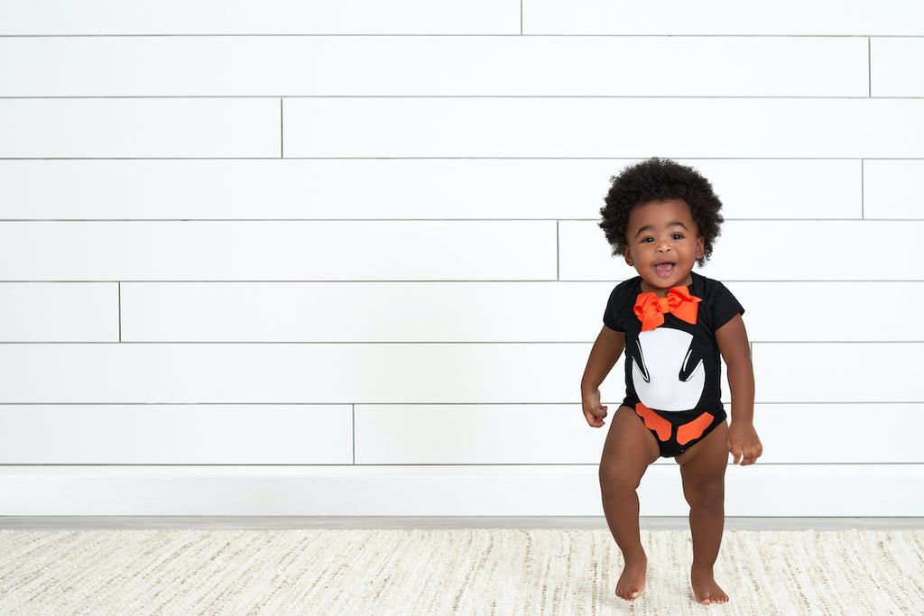 Baby Girl in DIY Penguin Halloween Costume Using Gerber Black Onesies Bodysuit