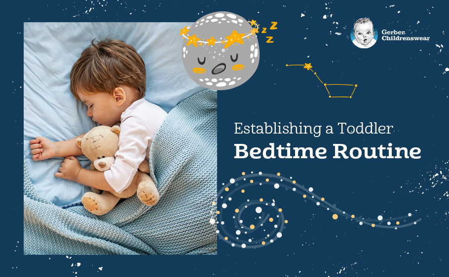 Small boy sleeping in bed with a stuffed teddy bear. Establishing a bedtime routine. Overlay text reads: Establishing a Toddler Bedtime Routine