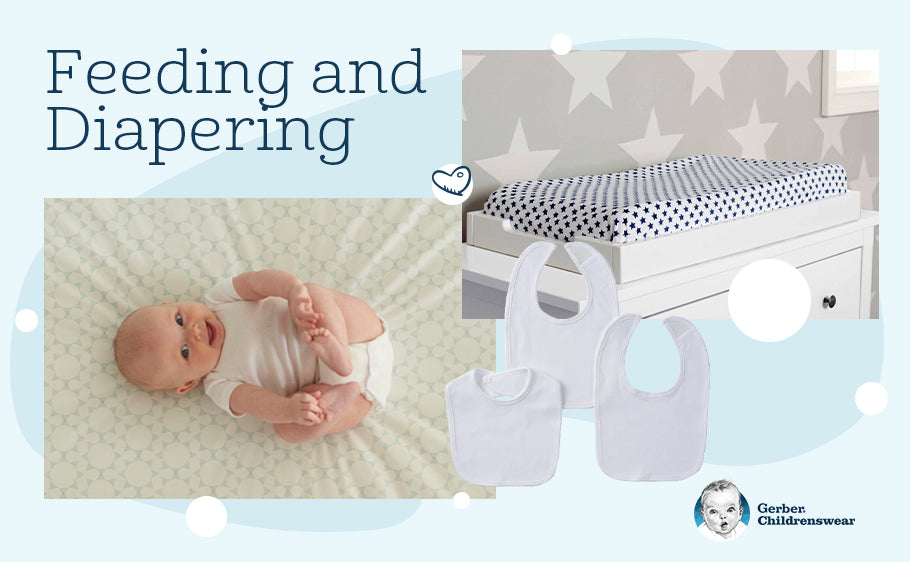 mulit-image graphic of baby changing table and smiling baby in fresh diaper with text: Feeding and Diapering Supplies