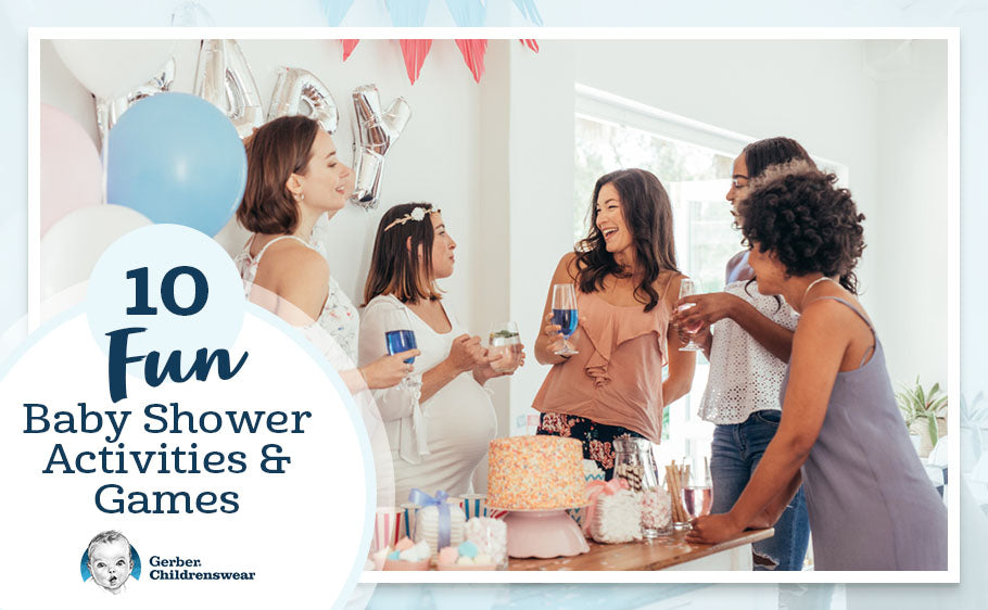 Graphic of pregnant woman with friends standing in front of cake and overlay text reading: 10 Fun Baby Shower Activities and Games