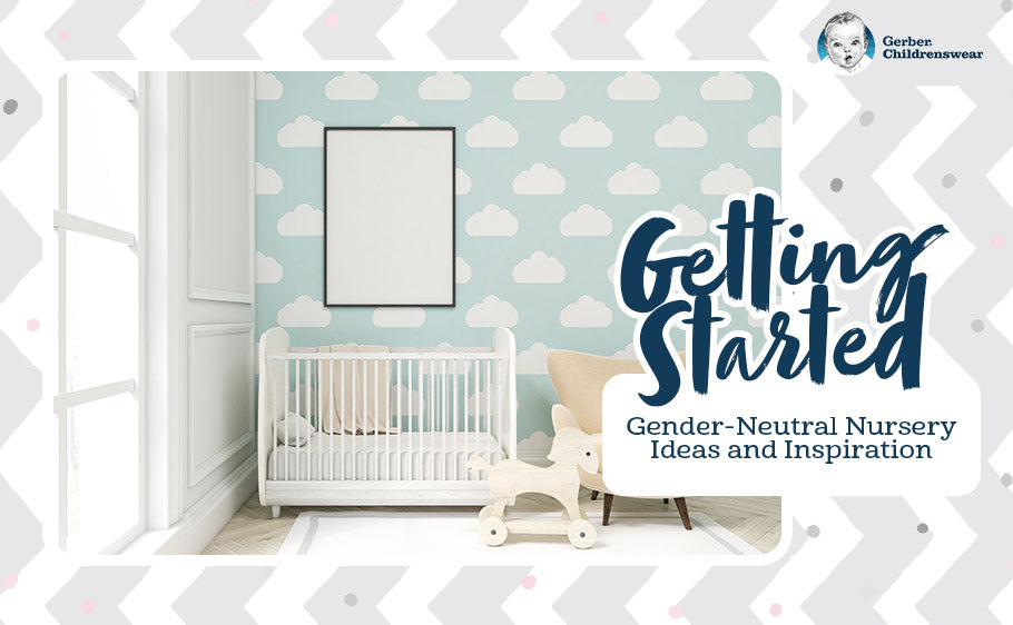 Baby nursery with cloud wallpaper, white crib, and plain wooden rocking horse