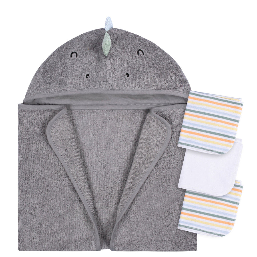 Gerber Baby Embroidered 4-Piece Neutral Striped Gray Hooded Towel & Washcloths Set