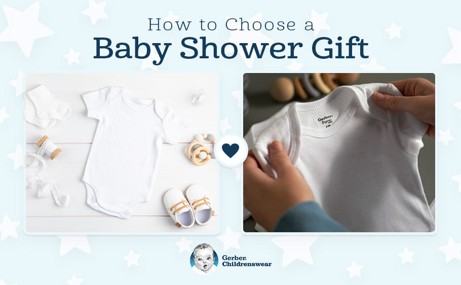 multi-image graphic with baby clothes and text: how to choose baby shower gift
