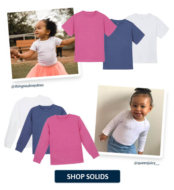 Toddlers wearing various tops and smiling. Shop Gerber® Solids for Toddler button.