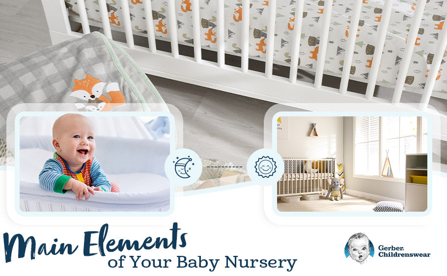 Graphic image of crib and baby with text: Main Elements of Your Baby Nursery