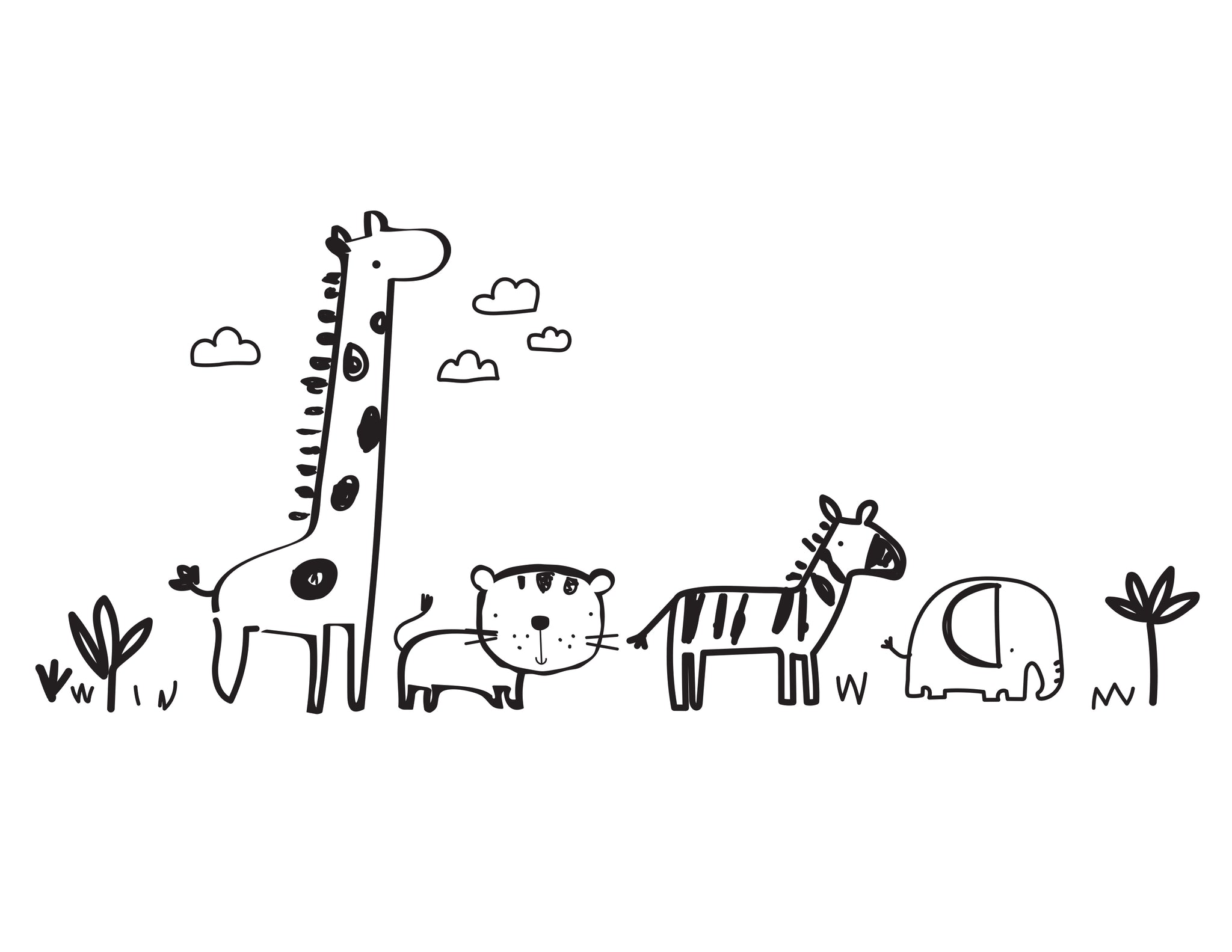 Coloring sheet featuring animals: Giraffe, tiger, zebra and elephant