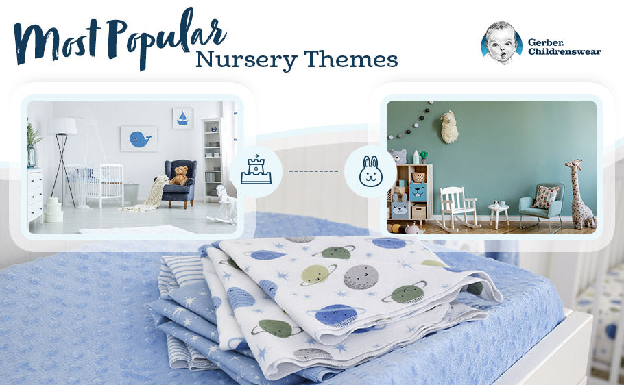 Graphic image of nursery set up with crib, chair, teddy bear and other decor with text: Most Popular Nursery Themes
