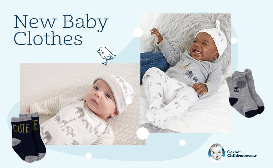 multi-image graphic of babies laying down with text: New Baby Clothes