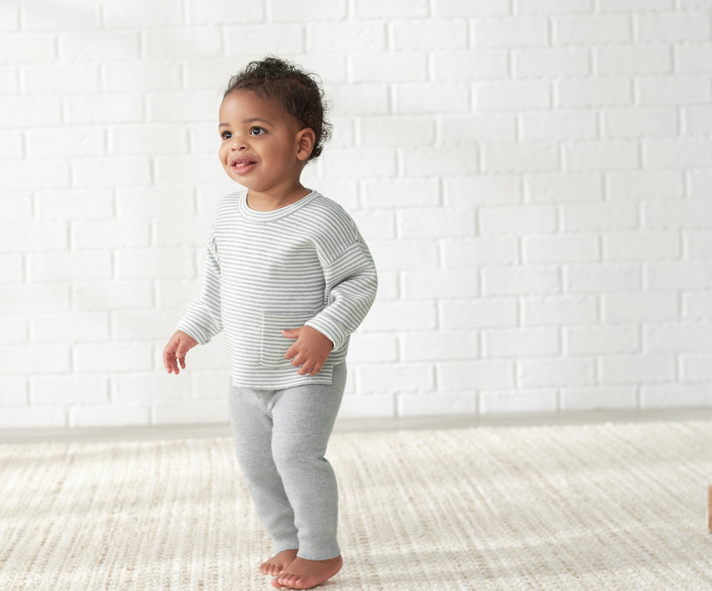 Toddler Boy Wearing Gray Sweater Outfit Set with Joggers