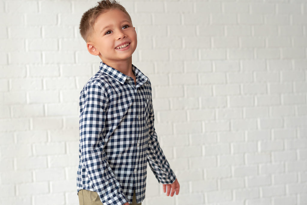 Toddler Boy Wearing Navy Button Down Gingham Plaid Shirt