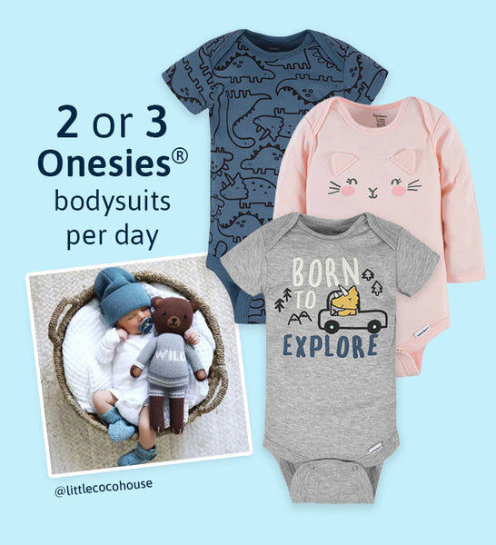 graphic with picture of sleeping baby cuddling bearand bodysuits with text: "2 or 3 Onesies® bodysuits per day"