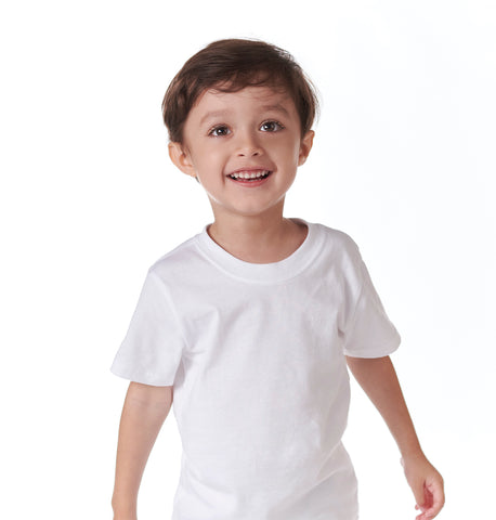 Toddler boy wearing white t-shirt