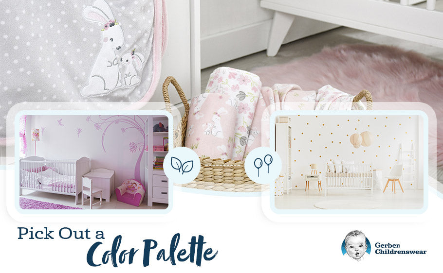 pink color nursery with crib, baby chair, and blankets and text reading: Pick Out a Color Palette