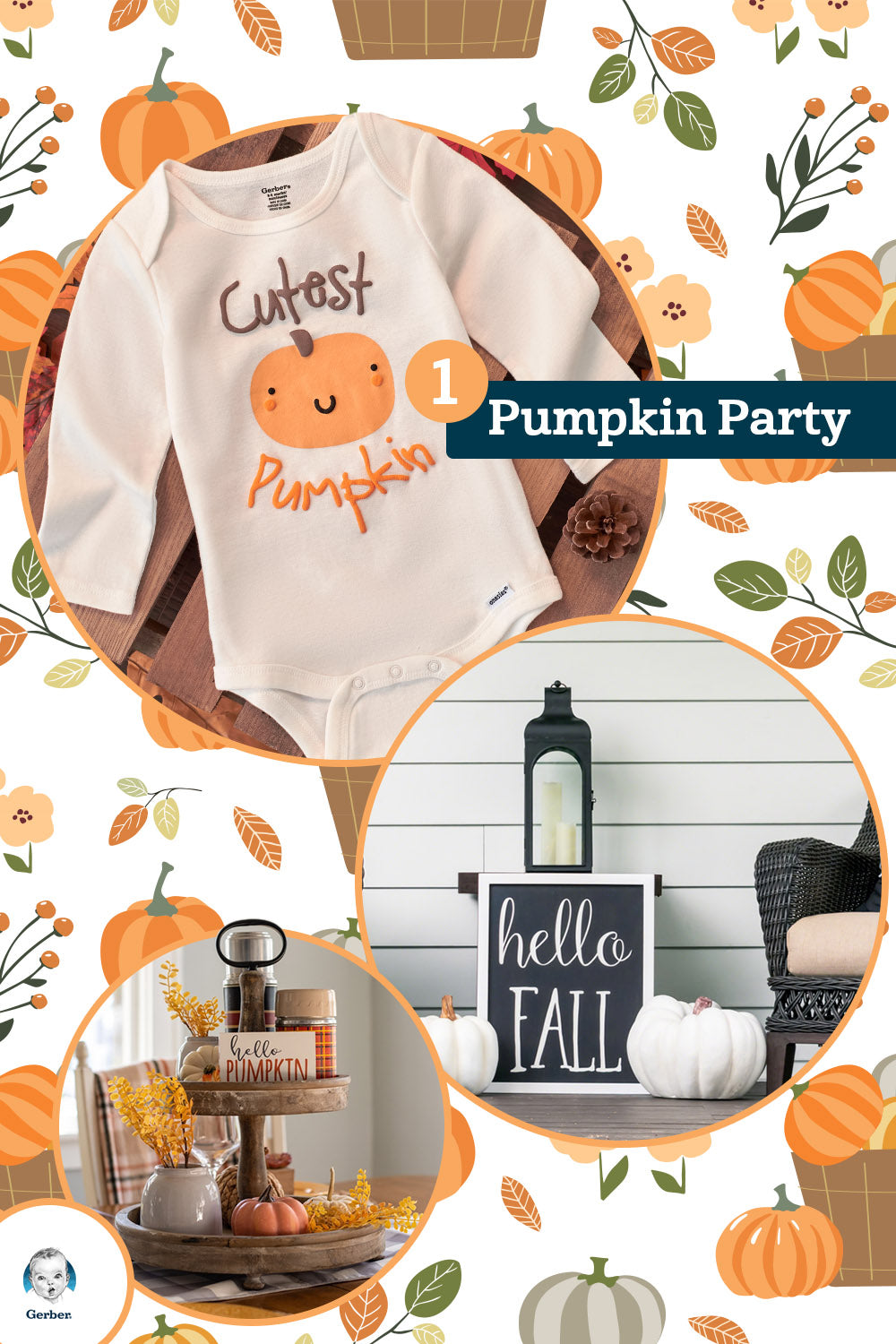 Pumpkin party baby onesies and pumpkin motifs around it