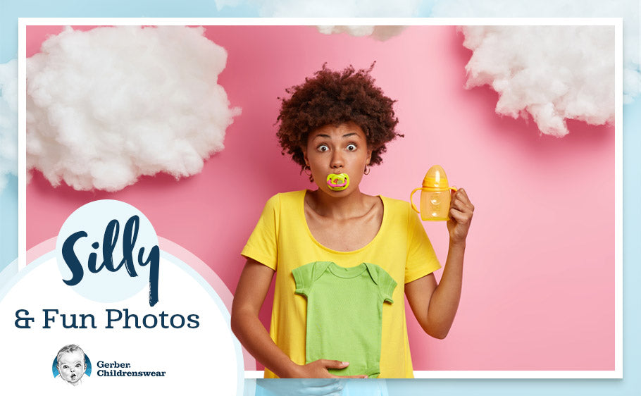 graphic of woman with pacifier in her mouth making funny face. text overlay reads: Silly & Fun Photos