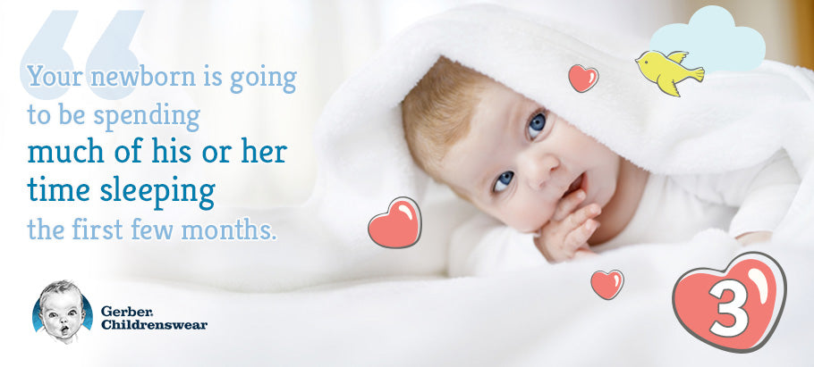 graphic of infant sleeping with text: "Your newborn is going to be spending much of his or her time sleeping the first few months."