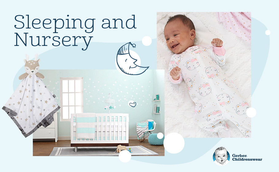 multi-image graphic of blue and white nursery and sleeping baby with text: Sleeping and Nursery Items