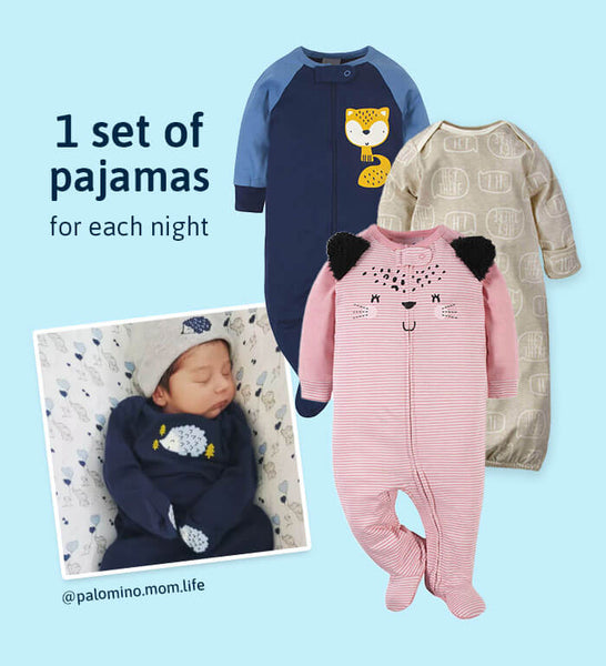 image of baby sleeping with footie pajamas and text: "1 set of pajamas for each night."