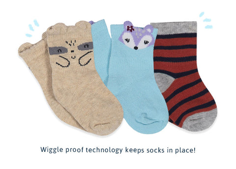 Three pairs of socks with "wiggle proof technology keeps socks in place" written near them.