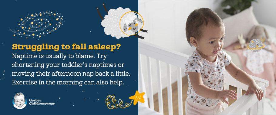 Baby standing in crib. Text reads: Struggling to fall asleep? Try shortening or moving their afternoon nap. 
