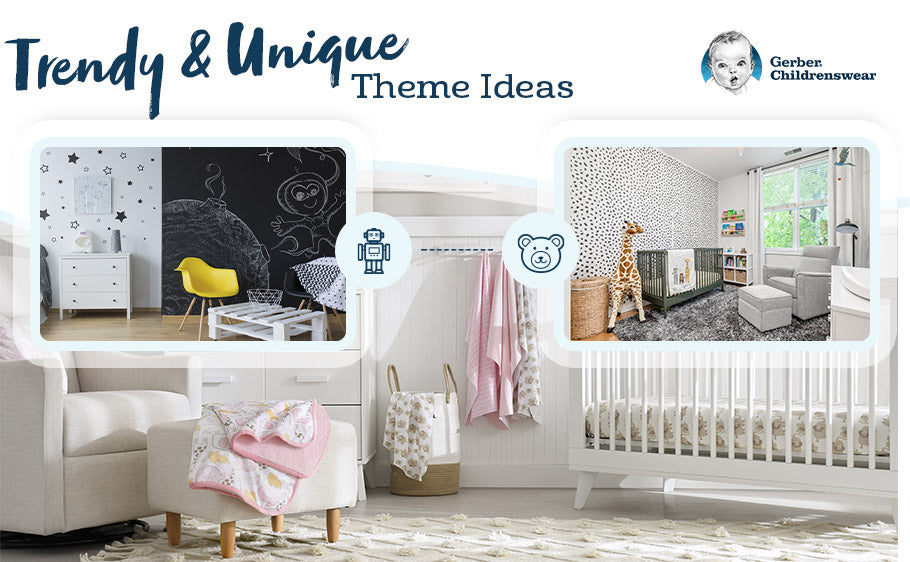 multi-image graphic of space theme and pink/white theme nursery with text: Trendy and Unique Theme Ideas