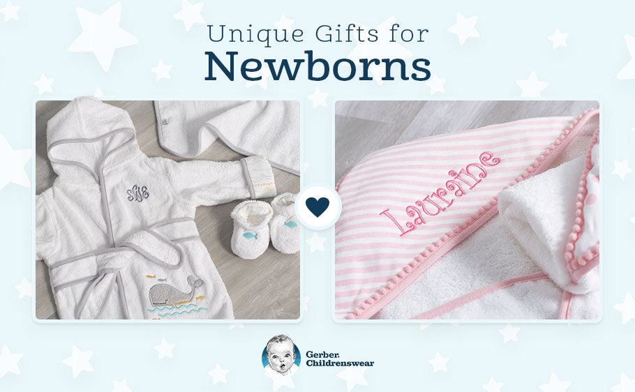 graphic with personalized towel and robe and text: Unique Gifts for Newborns
